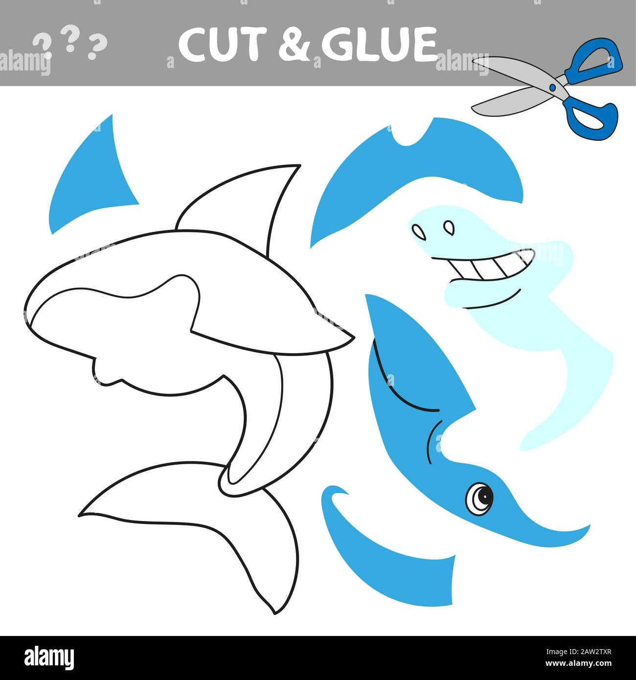 Pädagogisches Papierspiel für Kinder. Schnitt und Klebstoff Cartoon-Hai. Arbeitsblatt "Aktivität". Vektorgrafiken Stock Vektor