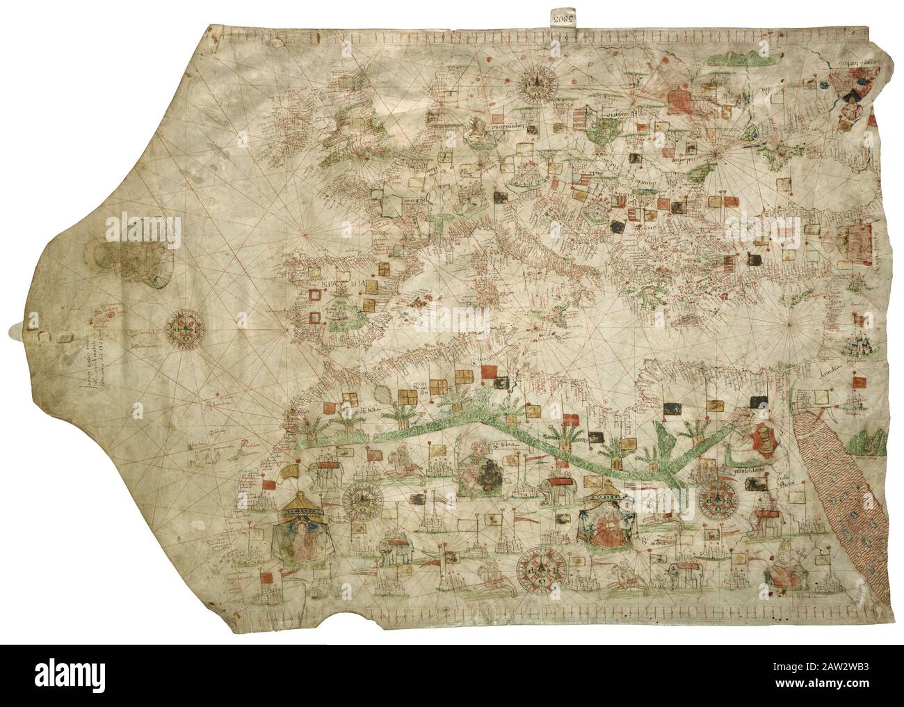 Manuskript auf Pergament. Ein Portulaan Jacobus Russus aus Messina. Siehe [1] Manuskript auf Vellum. Ein portolan-Diagramm von Jacobo Russo (Giacomo Russo) aus Messina. Stockfoto