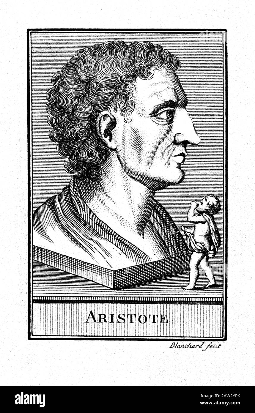 Der Klassische griechische Philosoph und Wissenschaftler ARISTOTELES ( 384 - 322 v. Chr.), imaginäres Porträt, das in Frankreich eingraviert ist, 1700 c., von Blanchard nach P. P. R Stockfoto
