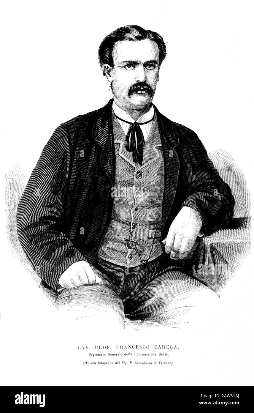 : Der italienische Politiker und Patriot FRANCESCO CAREGA (* um 1:1; † um 1:1) . Graviertes Porträt aus einer illustrierten italienischen Zeitschrift , aus oder Stockfoto