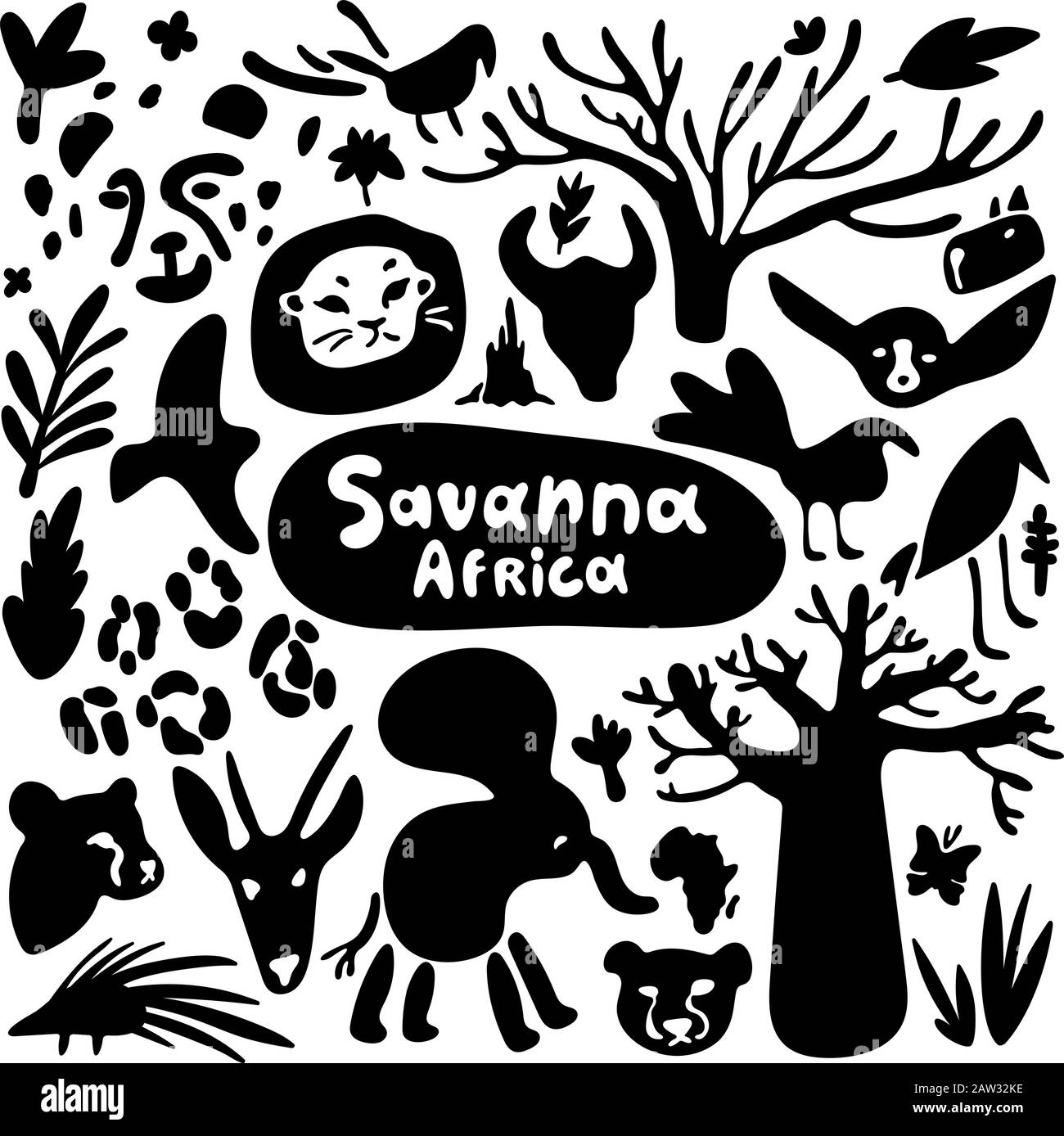 Stilisierte Tiere der Savanne in Afrika. Schwarz-weiße Symbole im minimalistischen Doodle-Stil. Cartoon-Tiersilhouetten für Ihr Design und Ihr Heimwerkerdesign Stock Vektor