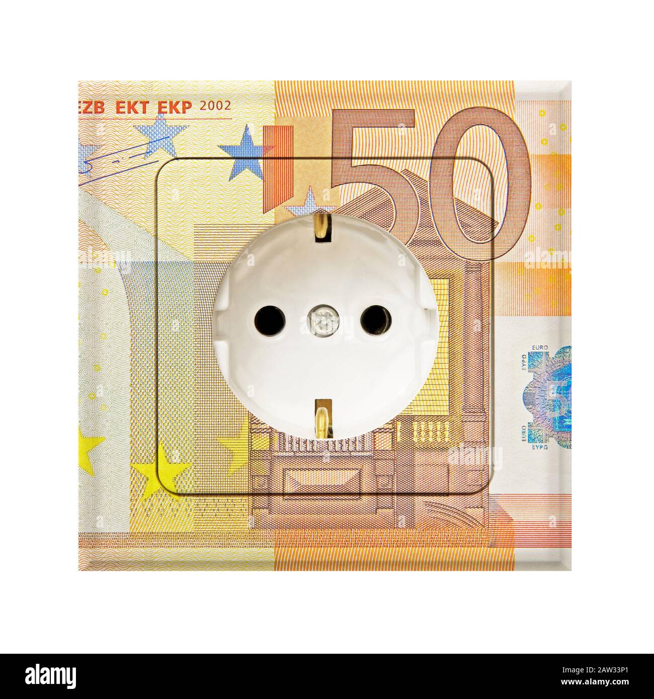 50-Euro-Banknote kombiniert mit einer Steckdose Stockfoto