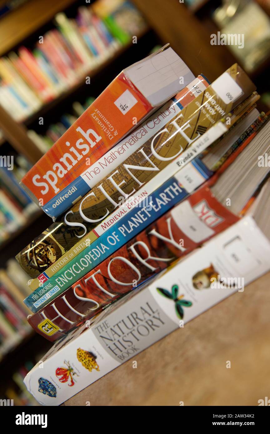 Ein Haufen pädagogischer Schulbücher auf einem Holztisch in einer Bibliothek Stockfoto