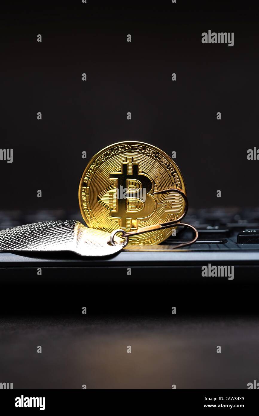 Bitcoin an einem Haken über der Tastatur. Cryptology Scam-Konzept Stockfoto