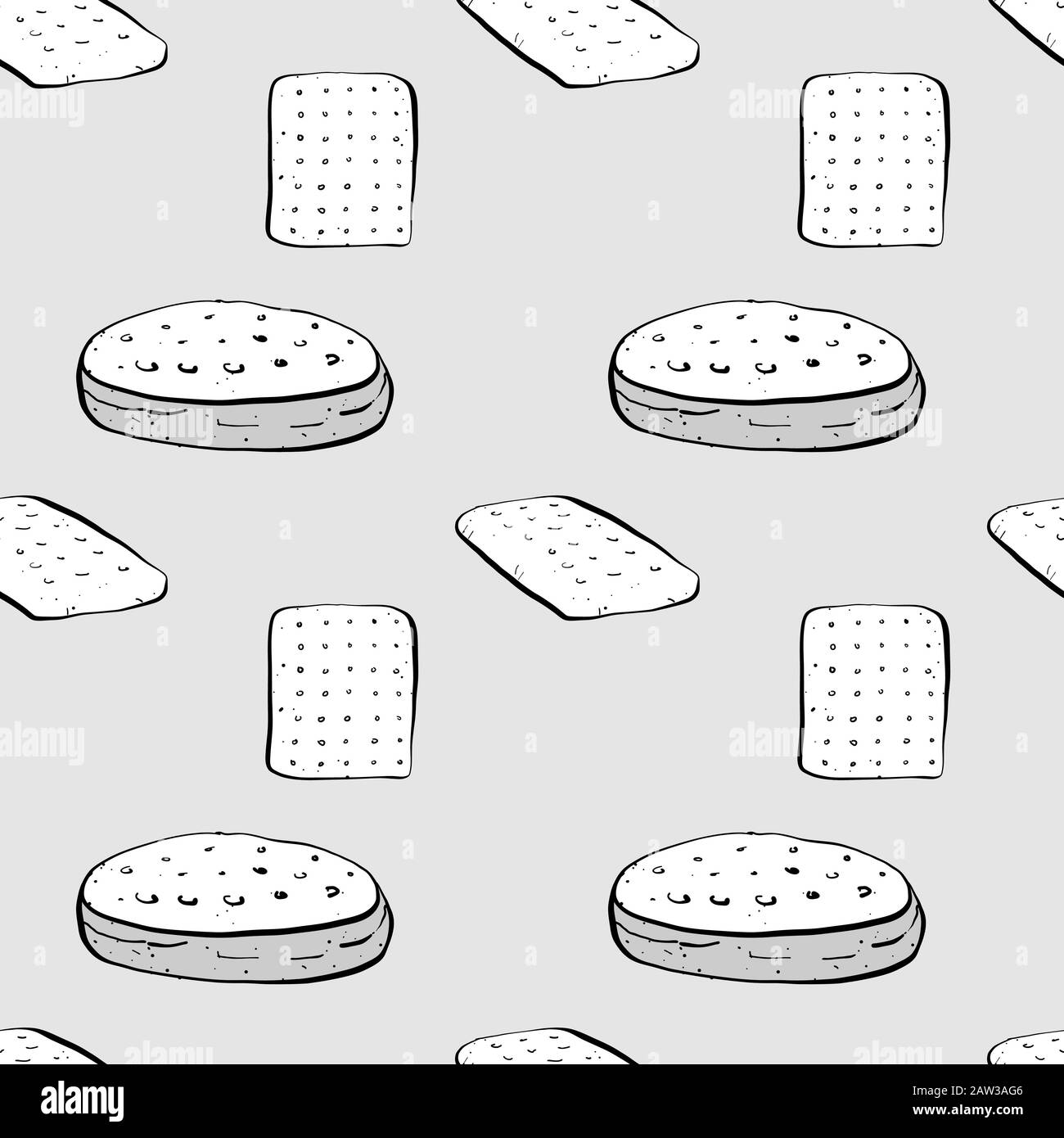 Hardtack - nahtlose Graustufenzeichnung mit Muster. Geeignet für Tapeten oder Dekorationen in beliebiger Größe. Handgezeichnete Vektorgrafiken Stock Vektor