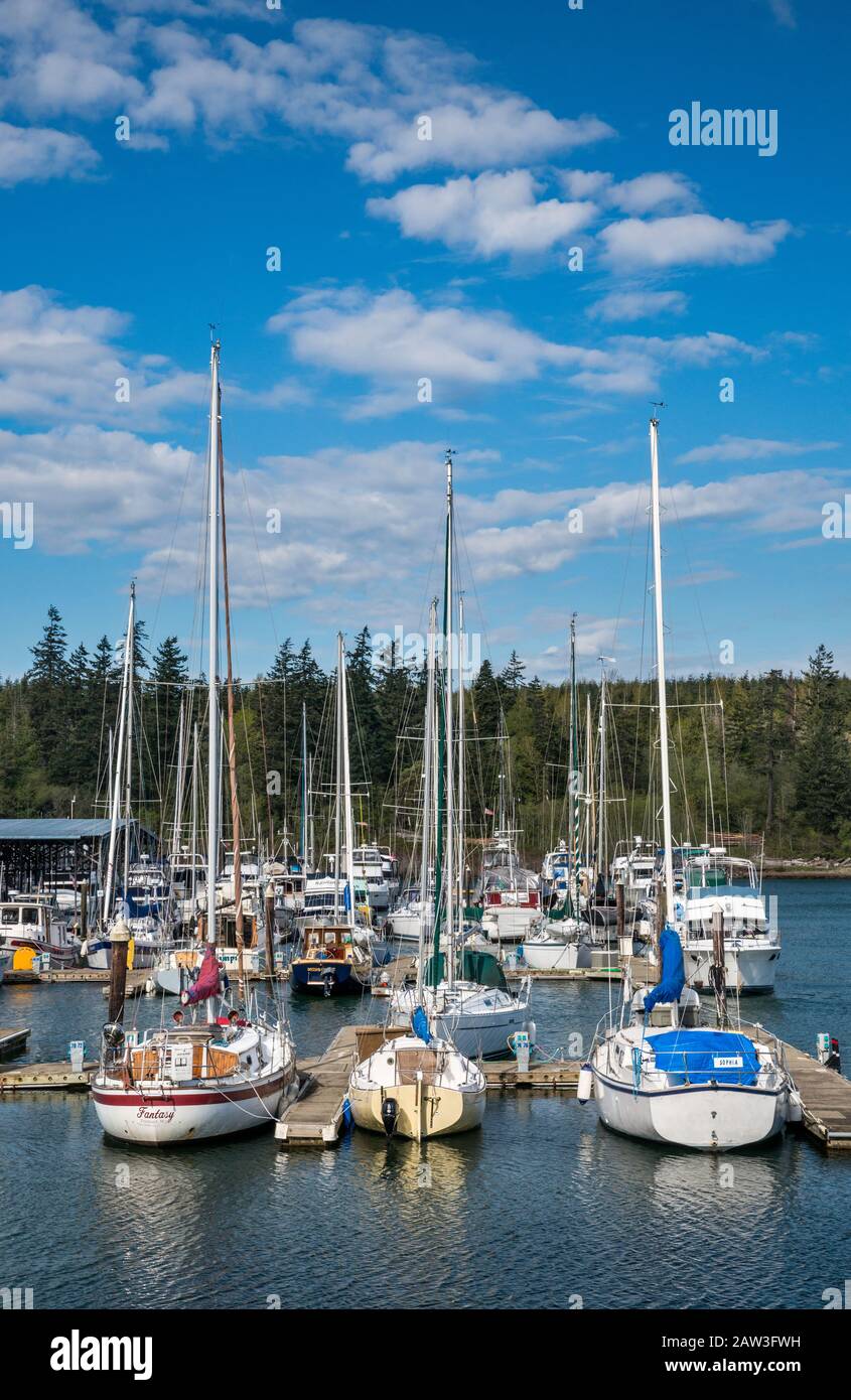 Boote im Hafen von Skagit La Conner Marina, Swinomish Channel, Puget Sound, in La Conner, Washington, USA Stockfoto