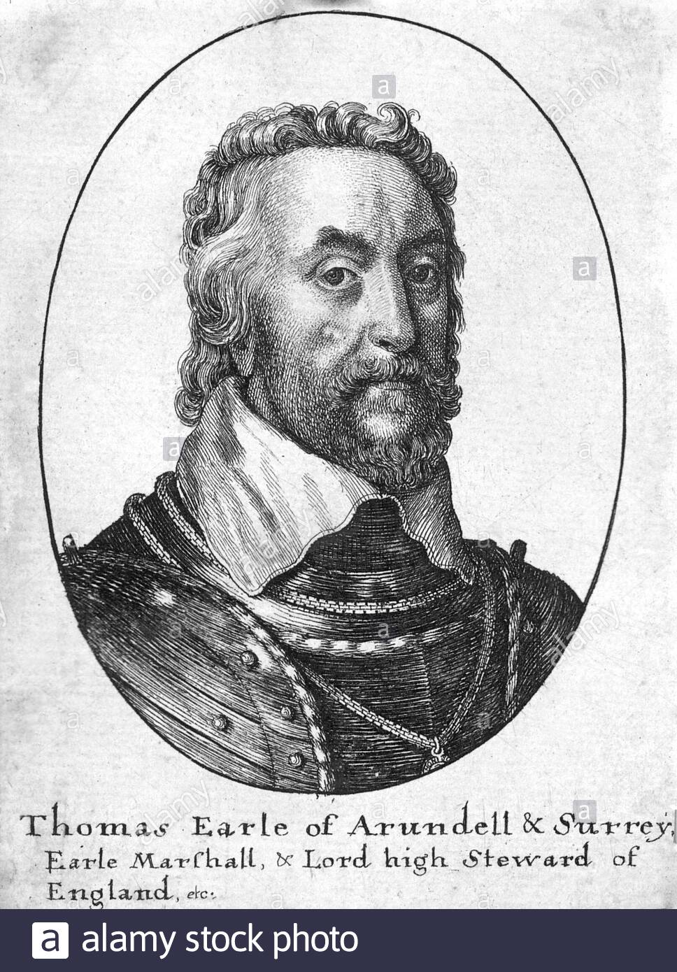 Thomas Howard Portrait, 14th Earl of Arundel, 1586 - 1646, war ein prominenter englischer Höfling während der Regierungszeit von König James I. und König Karl I., Radierung durch den böhmischen Radierer Wenceslaus Hollar aus dem Jahr 1600 Stockfoto