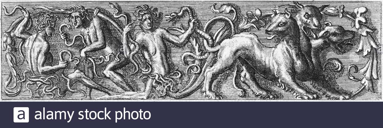 Die Drei Furien, weibliche griechische Göttinnen der Rache, Radierung durch den böhmischen Radierer Wenceslaus Hollar aus dem Jahr 1600 Stockfoto