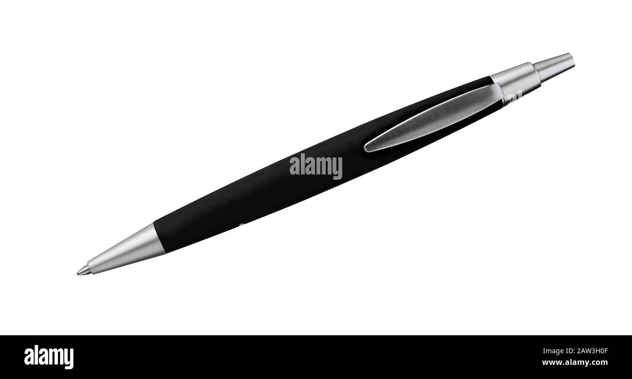 Metallstift isoliert auf weißem Hintergrund. Schwarzer Kugelschreiber ausgeschnitten. Metallischer Einweg-Biro-Stift. Stockfoto