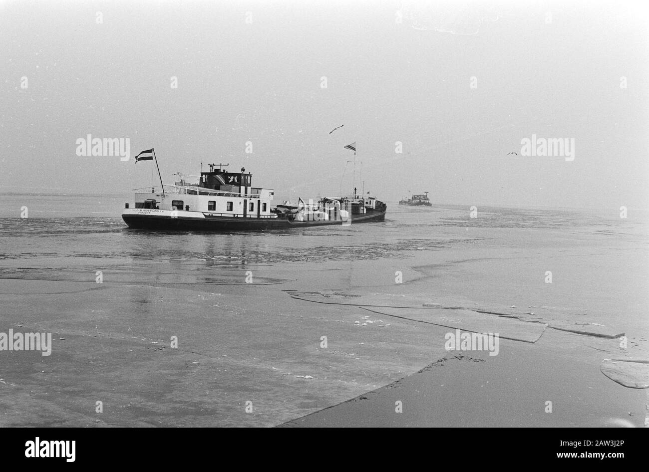 Konvoi Schiffe mit Eisbrechern am IJsselmeer Datum: 6. Januar 1971 Ort: Ijsselmeer Schlagwörter: EISBRECHER, Schiffe Stockfoto