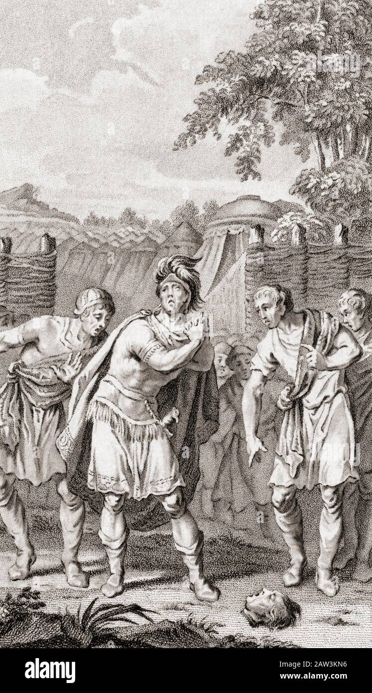 Hannibal weint, als er den Kopf seines Bruders Hasdrubal sieht. Hasdrubals karthagische Armee war 207 v. Chr. während des Zweiten Punischen Krieges von den römischen Konsuln Marcus Livius und Gaius Claudius Nero in der Schlacht am Metaurus geschlagen worden. Claudius Nero ließ Hasdrubals Leiche enthaupten und den Kopf in das karthagische Lager werfen. Stockfoto
