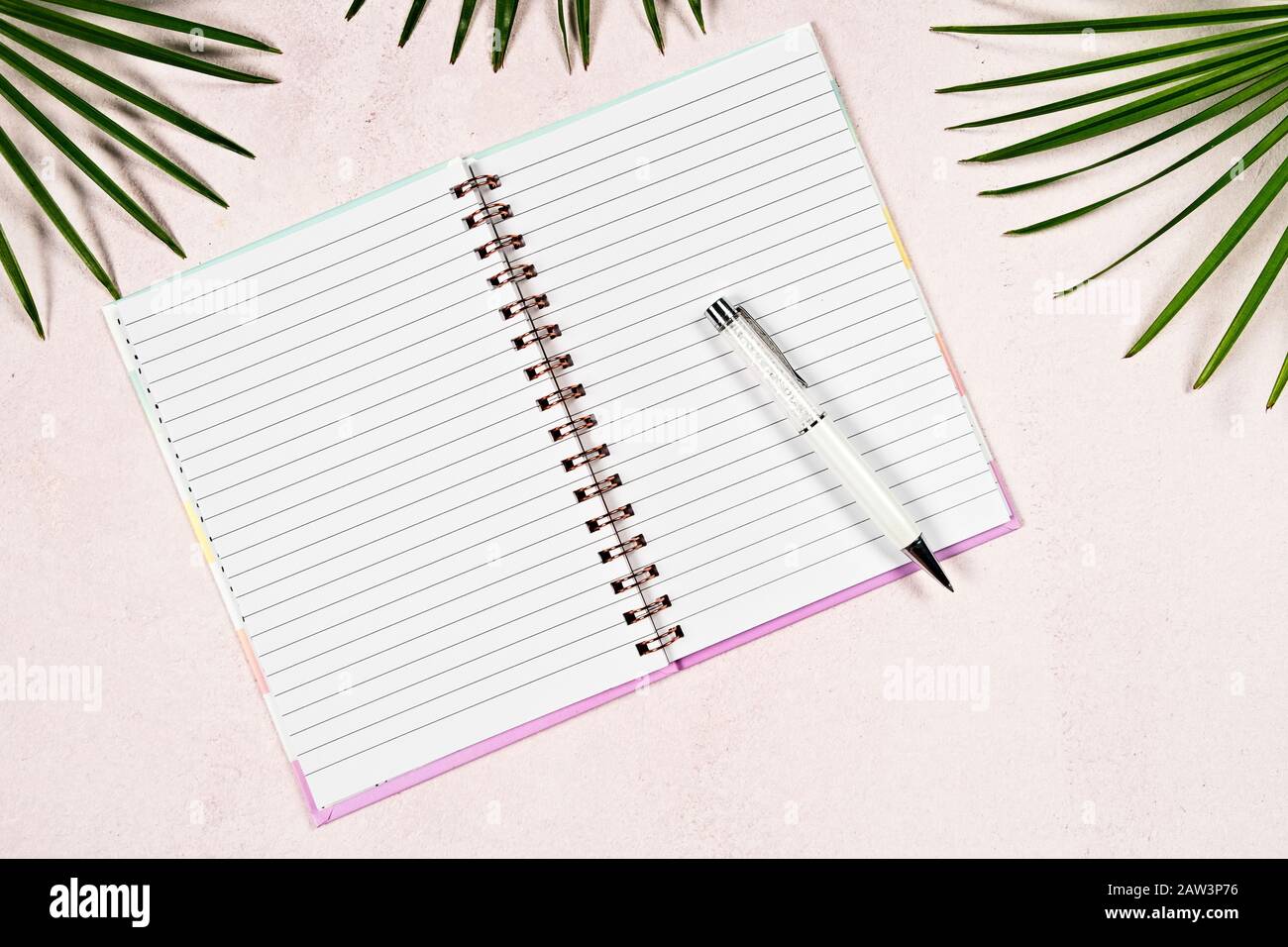 Flaches Lay offenes leeres Notizbuch und weißer Stift auf hellrosa Hintergrund mit grünem Tropival-Laub, Draufsicht, Kopierbereich Stockfoto