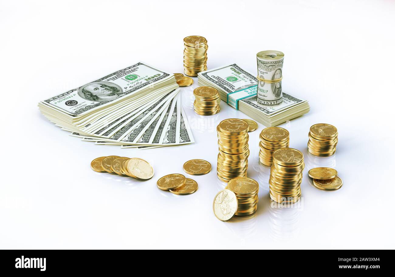 Geld. Wads von USD-Banknoten und einigen Stapeln von Goldmünzen. 3D-Darstellung auf weißem Hintergrund. Stockfoto