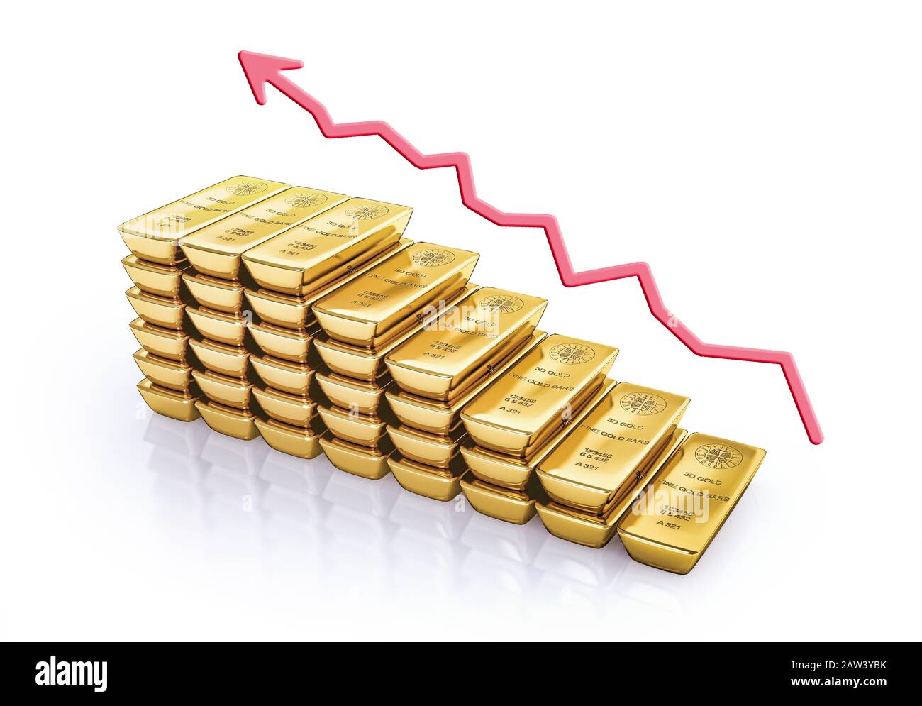 Goldbarren sind als Treppen gestapelt. 3D-Darstellung auf weißem Hintergrund. Mit Pfeil des Diagramms "Finanztrend". Stockfoto