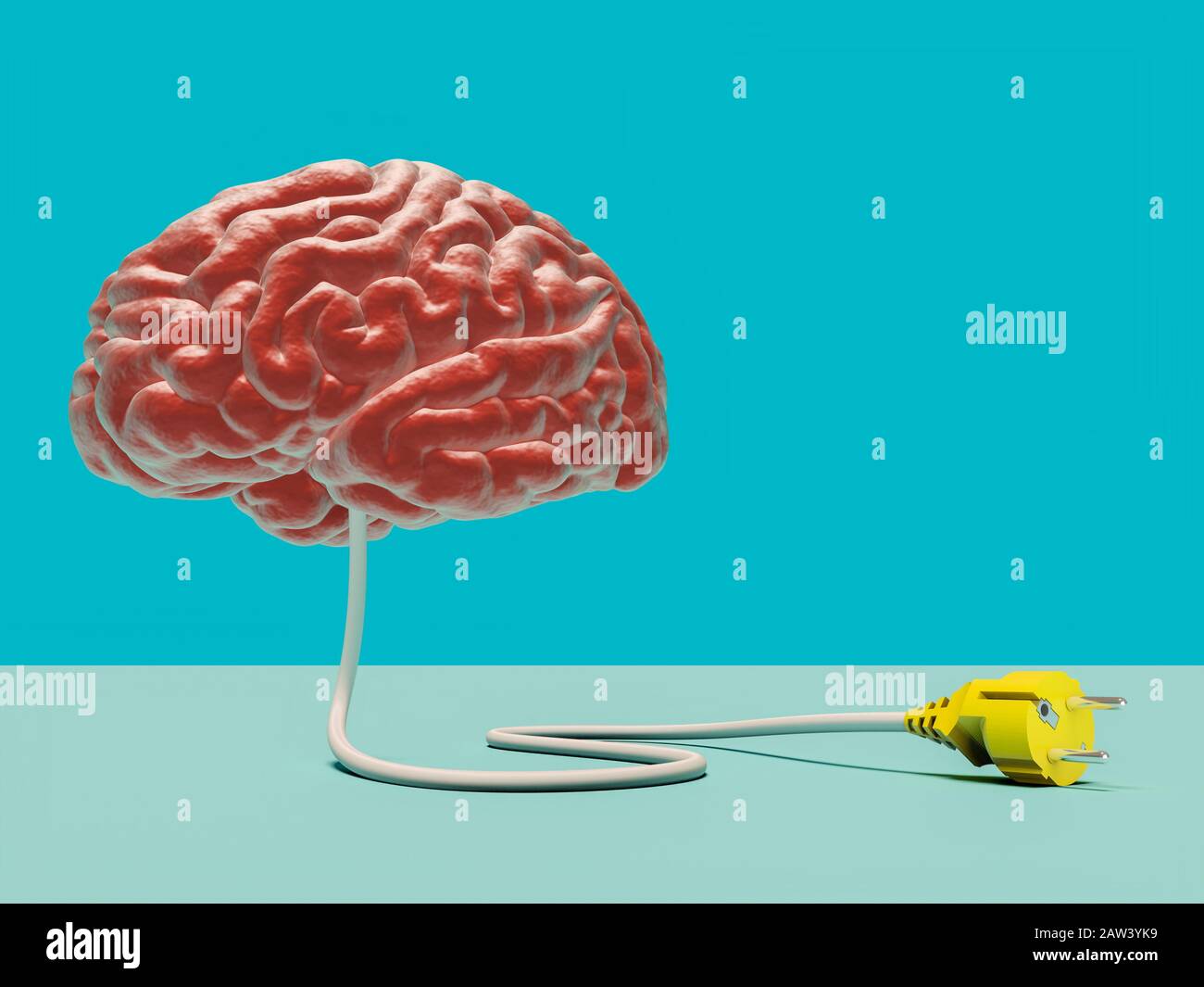 Konzeptionelles 3D-Renderbild eines Gehirns mit einem Draht und einem abgelösten Stecker. Konzept der kollektiven Intelligenz und Desinformation. Stockfoto