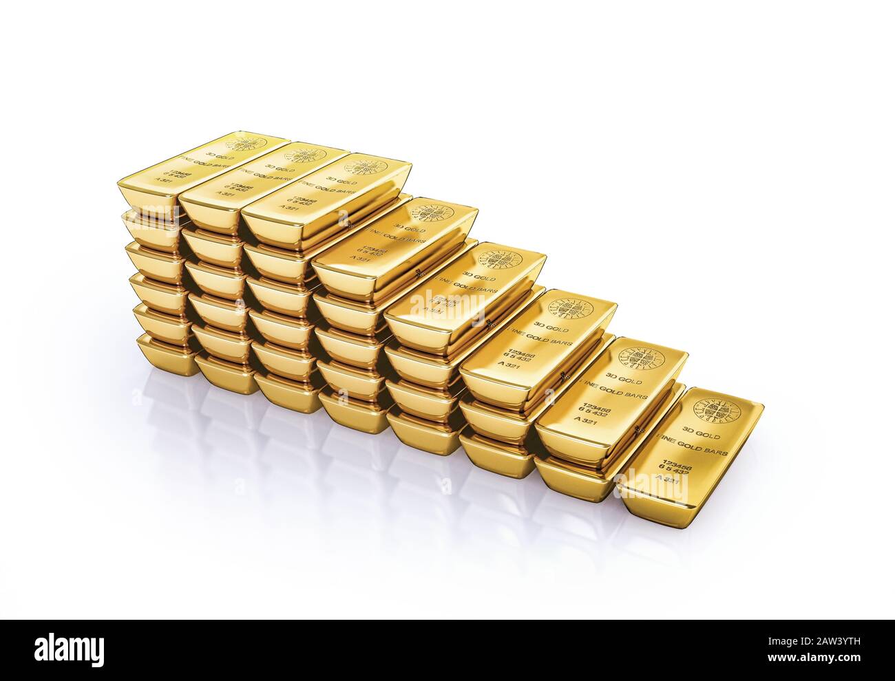 Goldbarren sind als Treppen gestapelt. 3D-Darstellung auf weißem Hintergrund. Stockfoto
