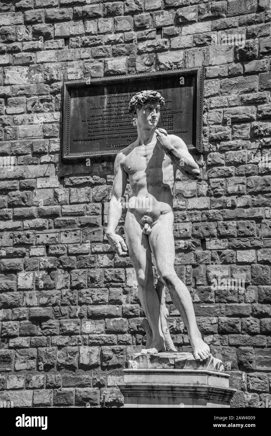 Michelangelos David, Replikatstatue im Palazzo Vecchio, Piazza della Signoria, Florenz; Toskana, Italien Stockfoto