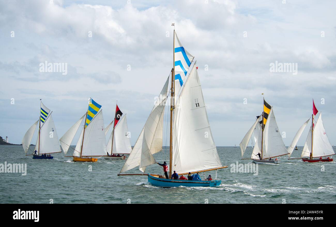 Bunte Gruppe von Falmouth Arbeitsbooten in voller Höhe segeln in der Falmouth-Flussmünde in einer brishen Brise, Sonne und Wolke aus, einzigartige topsegelfarben fliegen Stockfoto