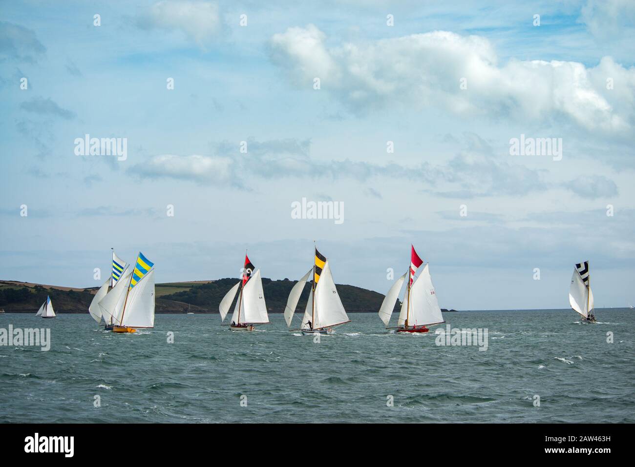 Bunte Gruppe von Falmouth Arbeitsbooten in voller Höhe segeln in der Falmouth-Flussmünde in einer brishen Brise, Sonne und Wolke aus, einzigartige topsegelfarben fliegen Stockfoto