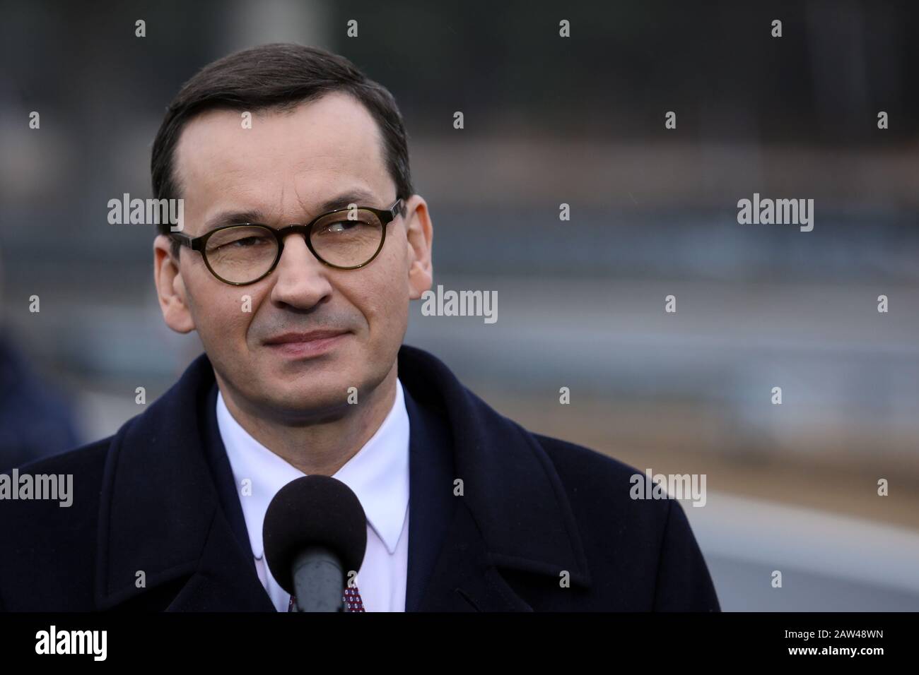 Polen,SILESIA- 25. November 2019: Ministerpräsident Mateusz Morawiecki ein neuer Abschnitt der Amber Autobahn (Autostrada Bursztynowa) A1 um Stockfoto