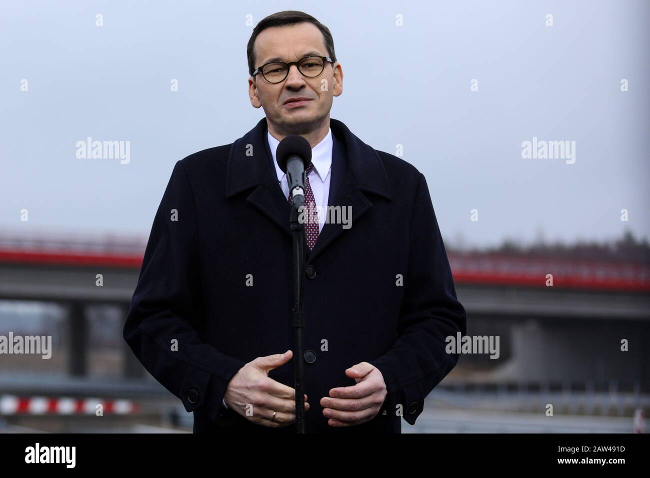 Polen,SILESIA- 25. November 2019: Ministerpräsident Mateusz Morawiecki ein neuer Abschnitt der Amber Autobahn (Autostrada Bursztynowa) A1 um Stockfoto