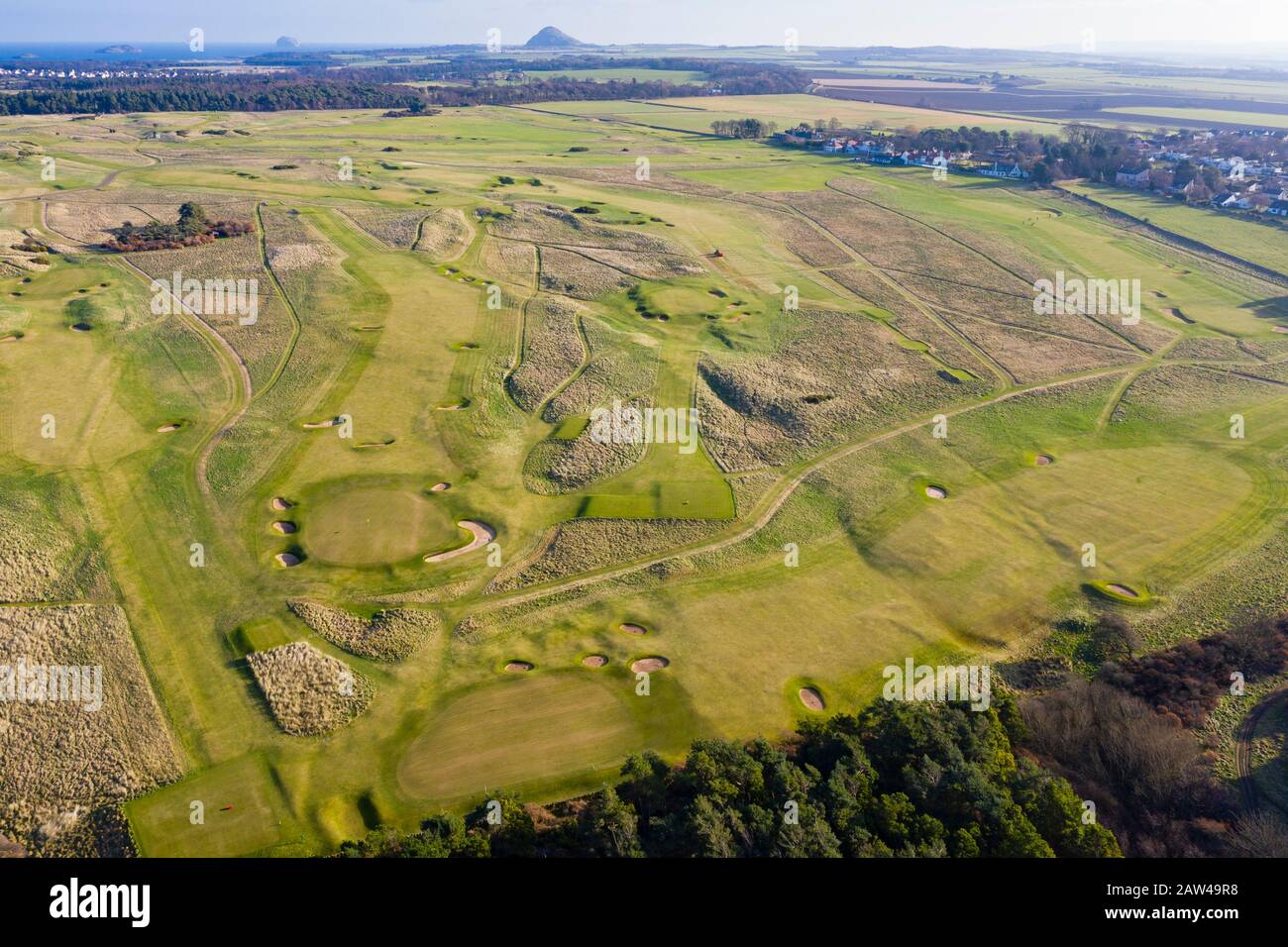 Luftansicht des Muirfield Golf Course in Gullane, East Lothian, Schottland, Großbritannien Stockfoto