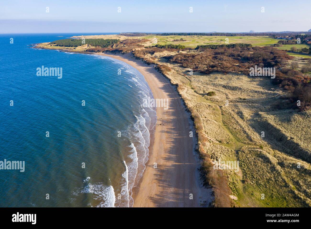 Luftaufnahme von Gullane Bents und Strand in Gullane, East Lothian, Schottland, Großbritannien Stockfoto