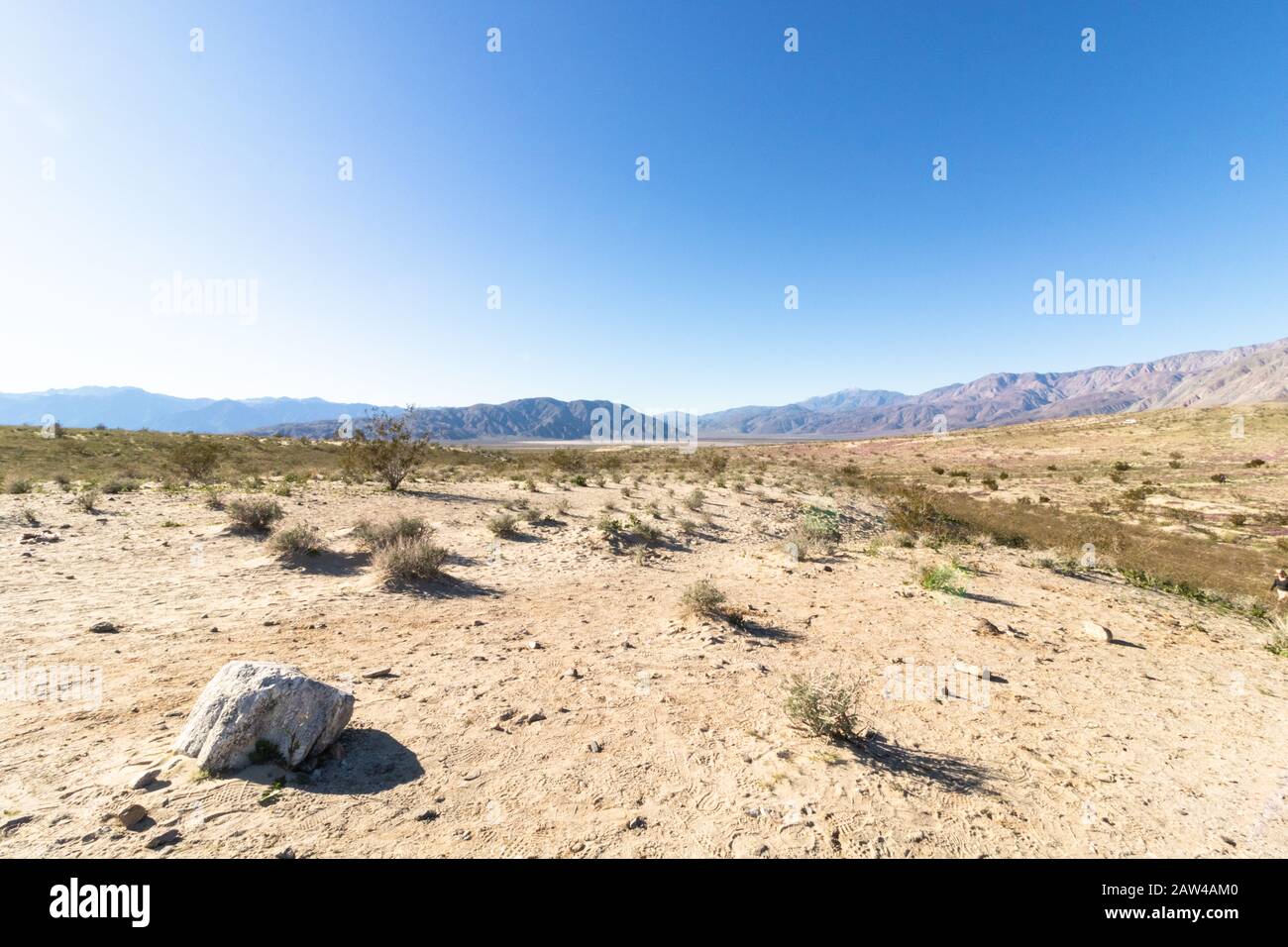 Krasser trockener südkalifornischer Wüstenblick mit blauem Himmel, einsam leer und trostlos, Abenteuer Wandern Campen Einsamkeit, friedlich, Stockfoto