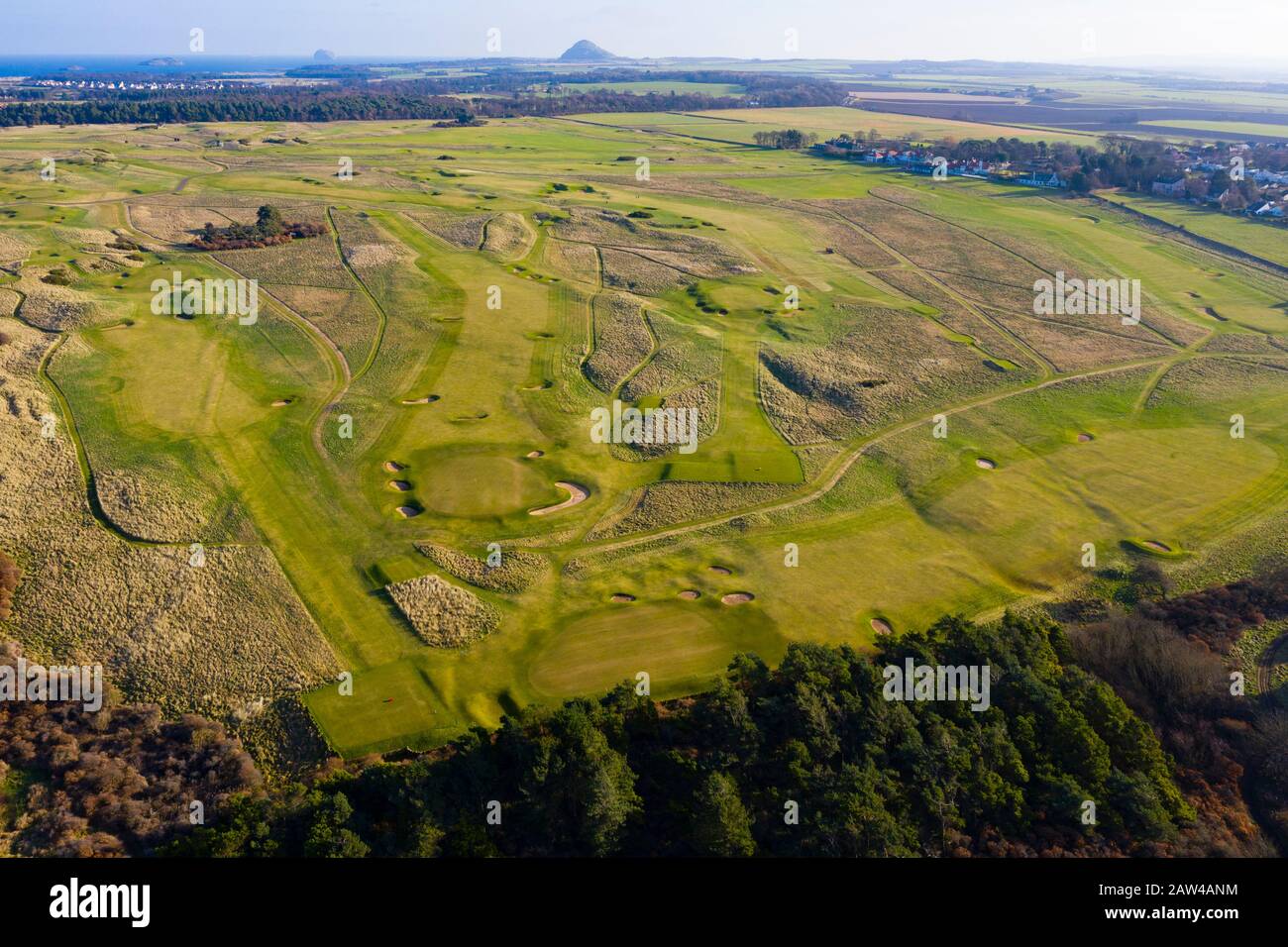 Luftansicht des Muirfield Golf Course in Gullane, East Lothian, Schottland, Großbritannien Stockfoto