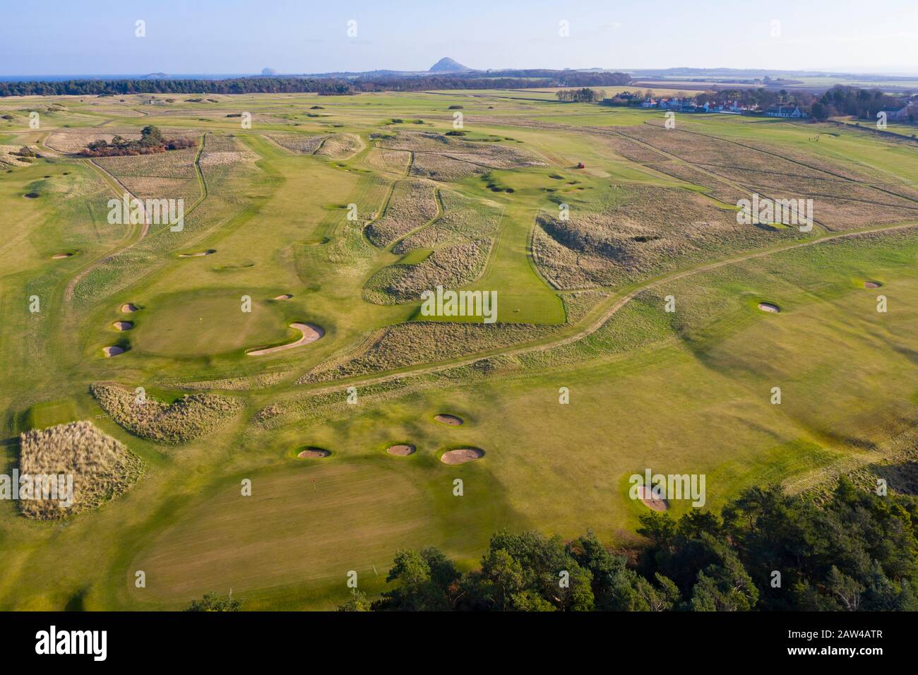 Luftansicht des Muirfield Golf Course in Gullane, East Lothian, Schottland, Großbritannien Stockfoto