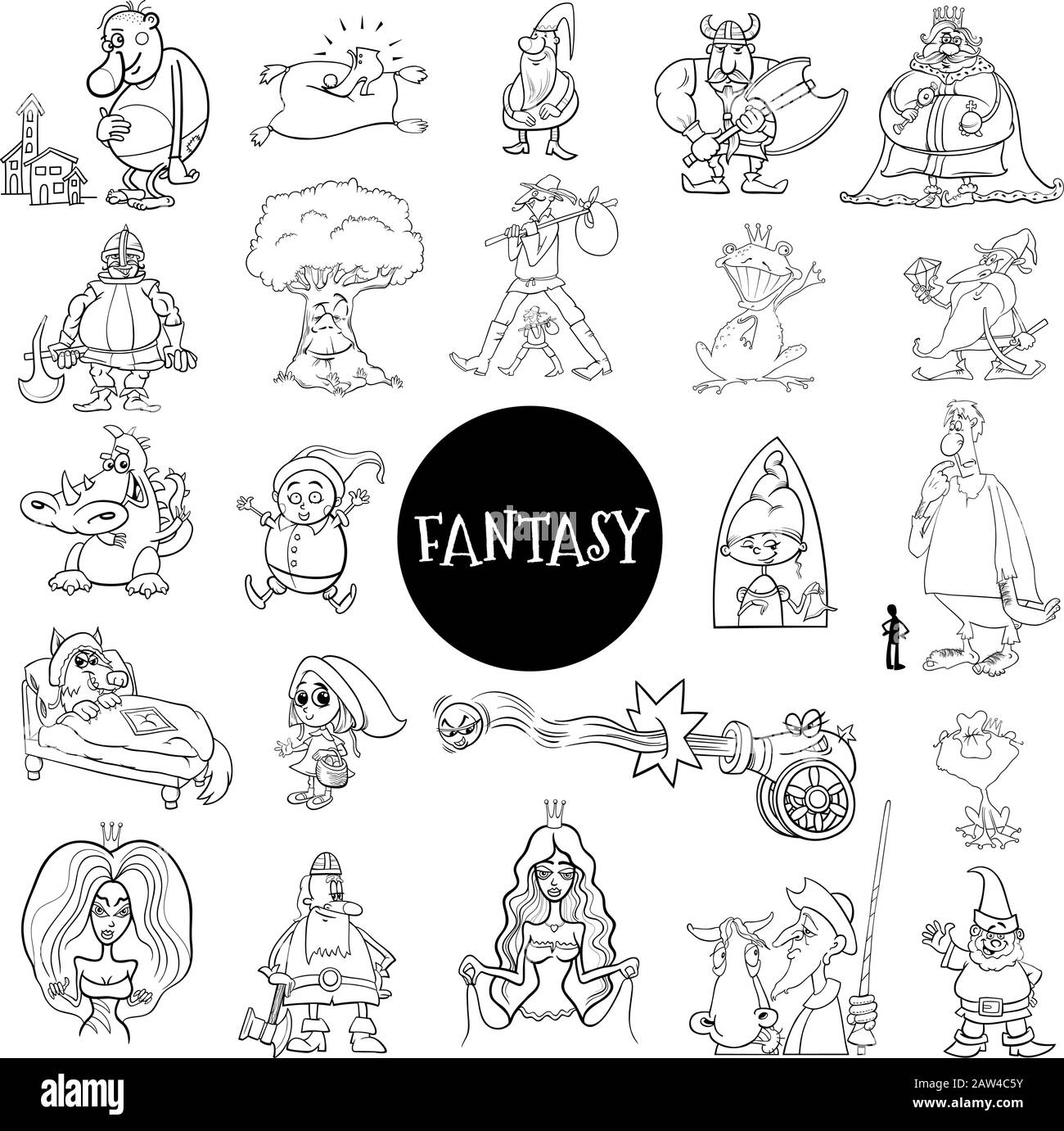Schwarzweiß Cartoon Illustration of Fantasy oder Fairy Tale Characters Large Set Coloring Book Page Stock Vektor