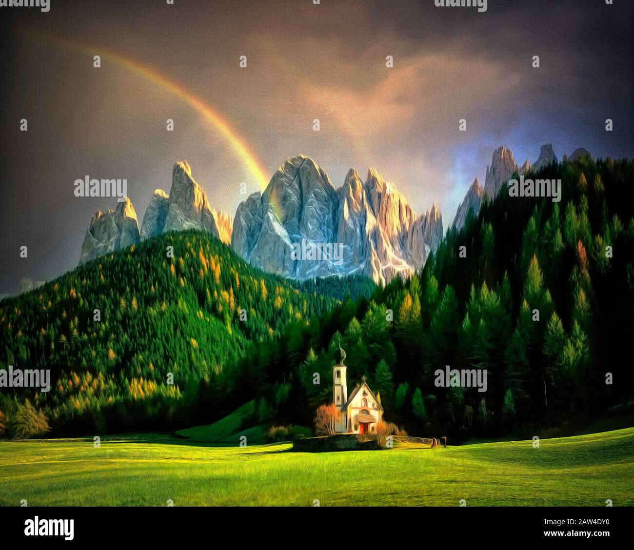 ZEITGENÖSSISCHE KUNST: St. Johann in Ranui in Villnöss Tal (Val di Funes), Trentino, Italien Stockfoto