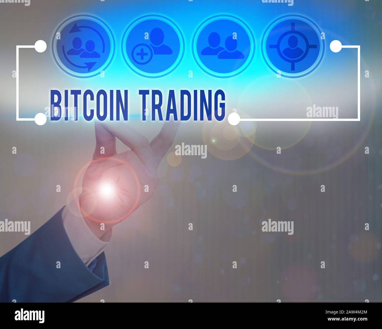 Hinweis zum Bitcoin Trading. Geschäftskonzept für den Kauf und Verkauf von Kryptokurrency auf dem Aktienmarkt Stockfoto