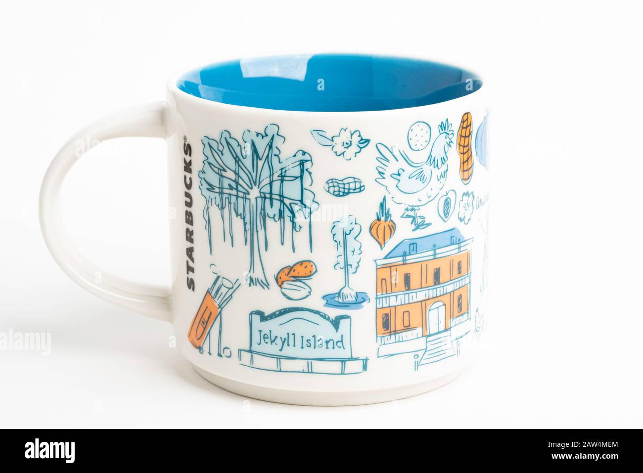 Vidalia, Georgia/USA - 27. September 2019: Eine Produktaufnahme eines Starbucks-Becher mit ikonischen, von Georgia inspirierten Illustrationen. Stockfoto