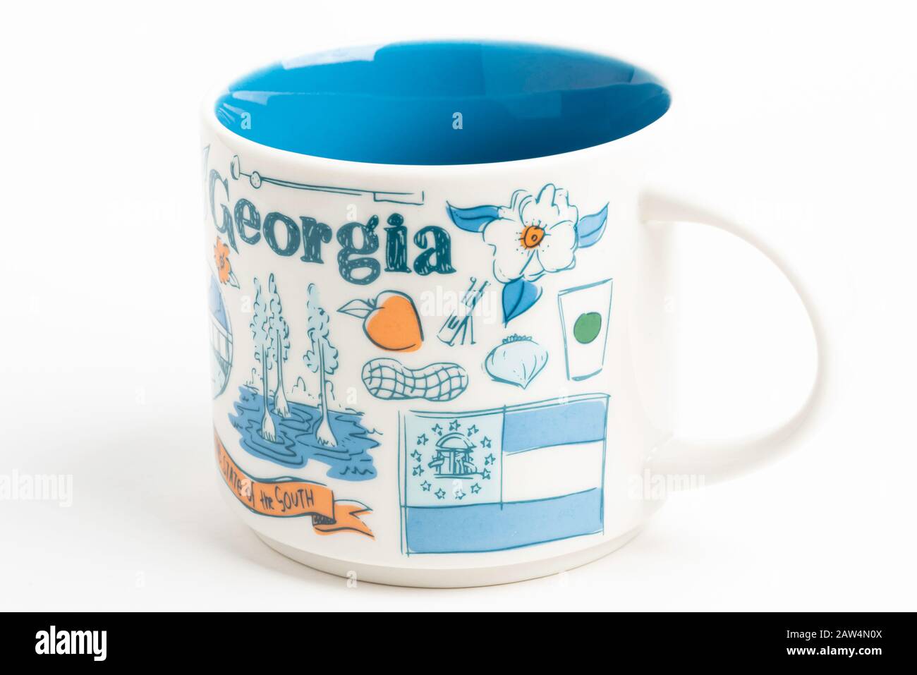 Vidalia, Georgia/USA - 27. September 2019: Eine Produktaufnahme eines Starbucks-Becher mit ikonischen, von Georgia inspirierten Illustrationen. Stockfoto