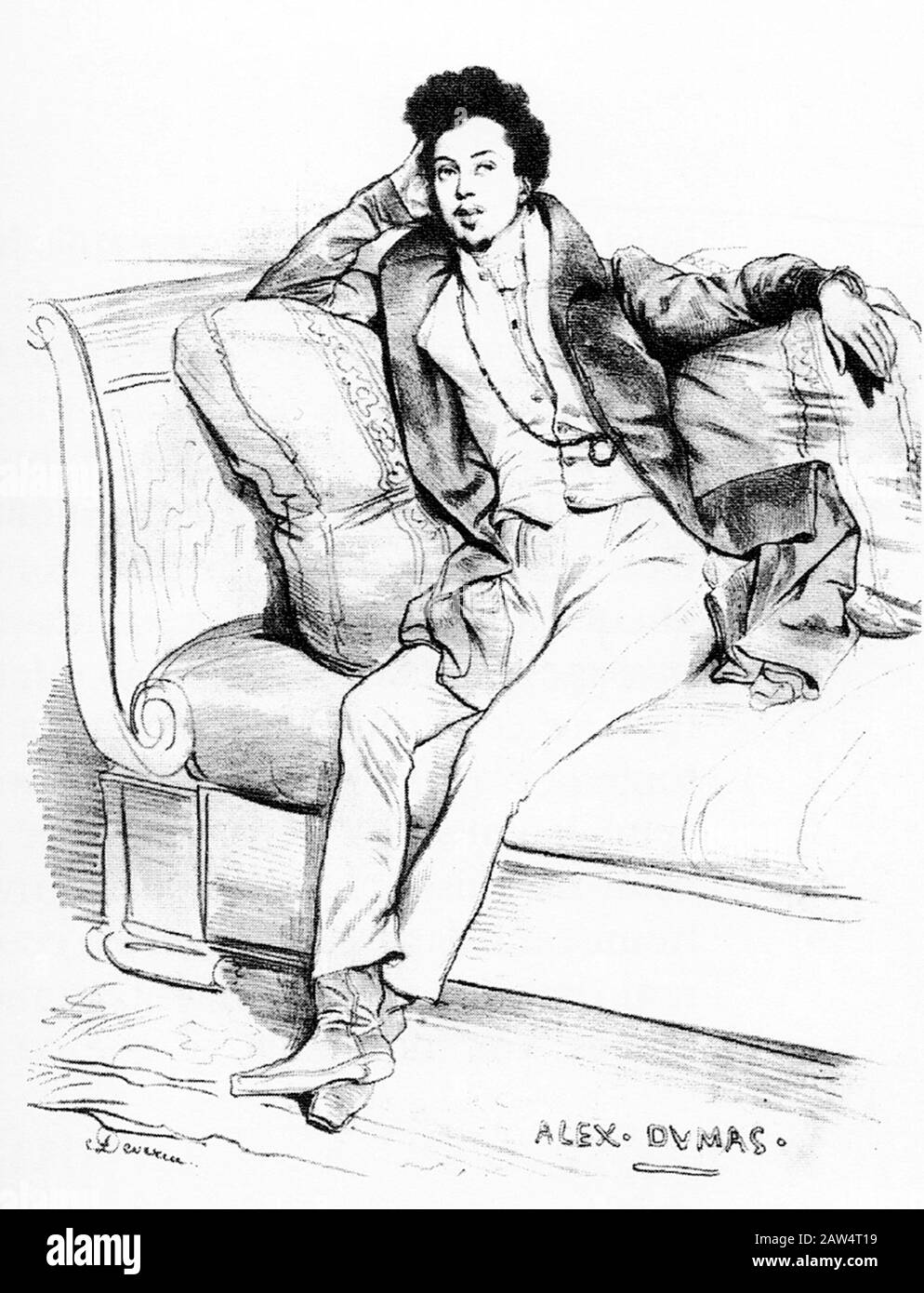 Der berühmte französische Schriftsteller ALEXANDRE DUMAS Pére (* 1802 in Paris; † 1870 in Paris). Graviertes Porträt von Achille Devéria. Autor von Celebla Stockfoto