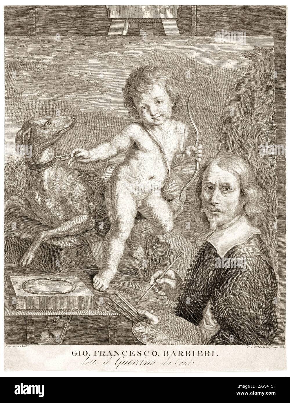 1.650 CA, ITALIEN: Der italienische Maler des Barock GIOVANNI FRANCESCO BARBIERI alias IL GUERCINO (* 1591; † 1666). Graviertes Porträt von FRANCCCESCO BARTOLOZZ Stockfoto
