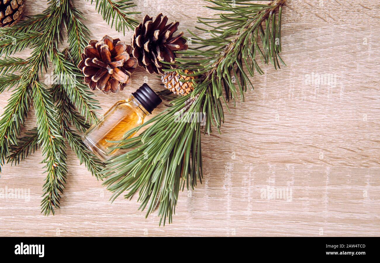 Aromaölflasche aus Kiefer und Tannenbaum mit Kiefern und Tannenästen zur Dekoration auf Holzhintergrund. Ätherisches Ölkonzept. Stockfoto
