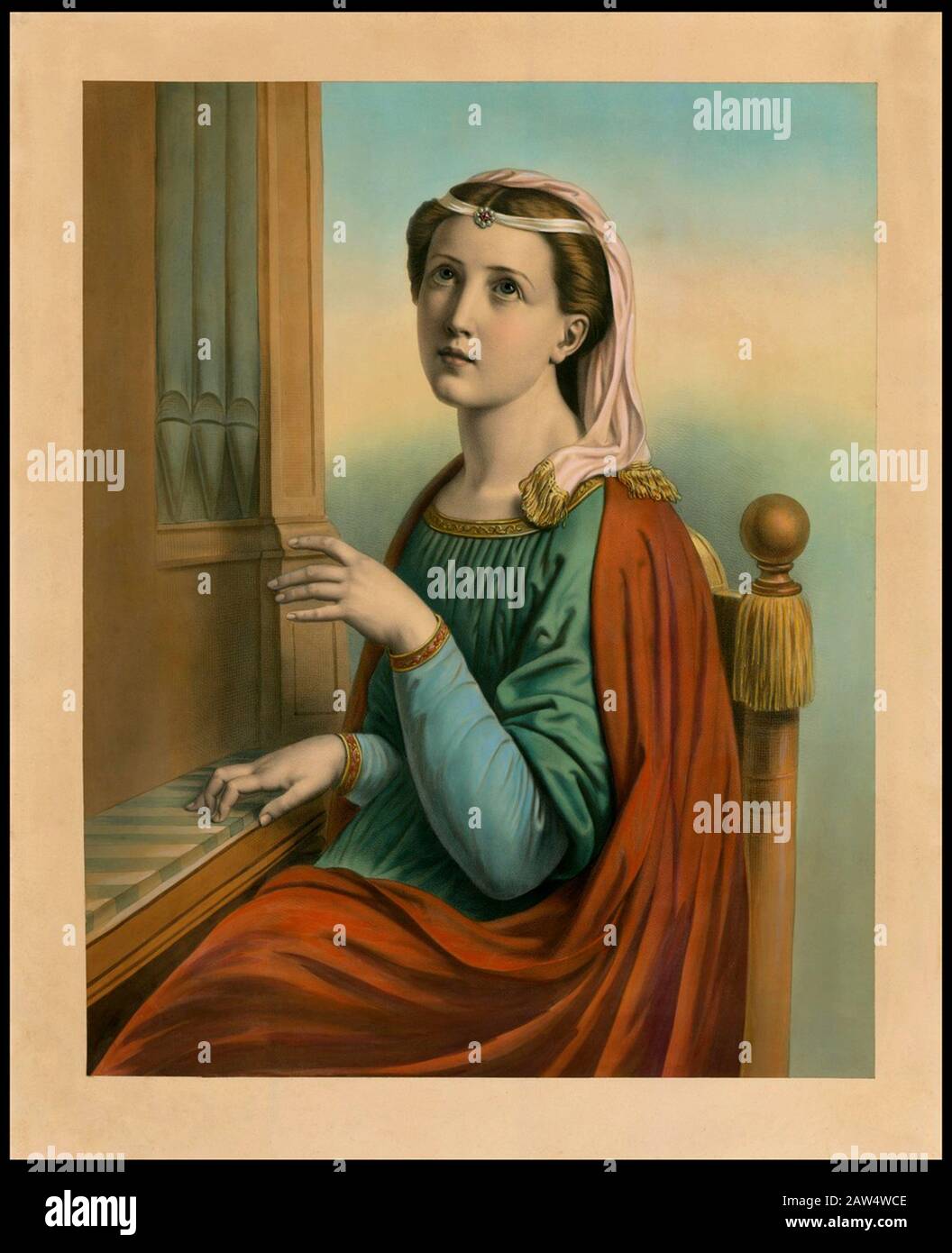 Die heilige Cecilia (lat.: Sancta Caecilia) ist die Patronin der Musiker. Chromolithographie, XIX Jahrhundert . Ihr Festtag wird in lateinischer Sprache gefeiert Stockfoto