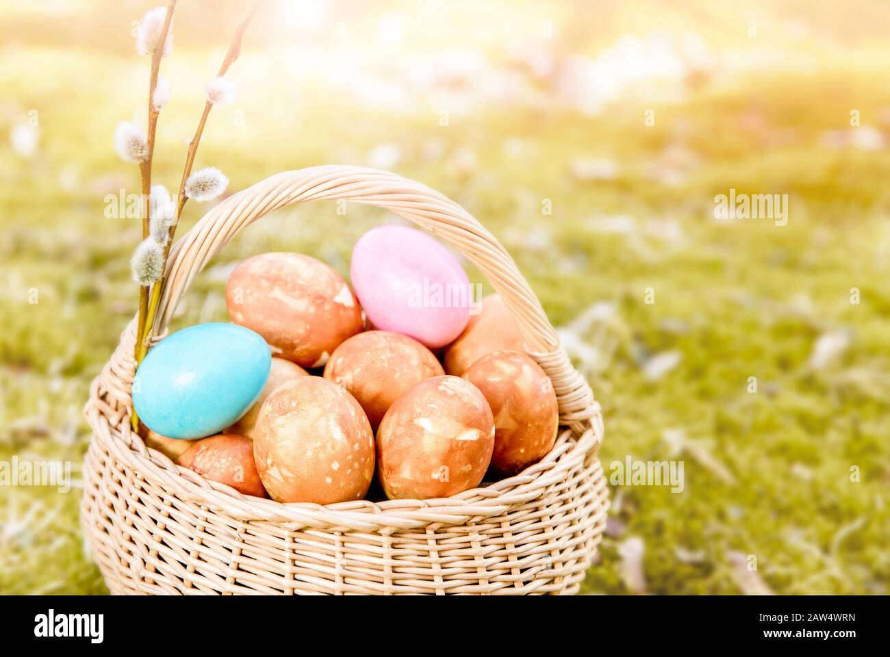 Braune Ostereier därteten natürlich mit Zwiebelhäuten im Korbkorb im Freien auf wunderschönem grünem Frühlings-Moos an sonnigen Tagen. Oster-Feiertag-Karte Backgroun Stockfoto