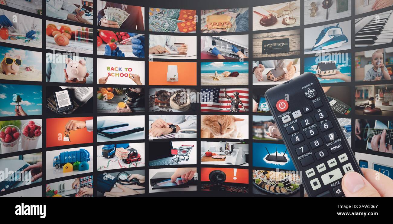 Fernsehen streaming Video Konzept. Media TV video-on-demand-Technologie. Video Service mit Internet Streaming Multimedia Shows, Serien. Digitale colla Stockfoto