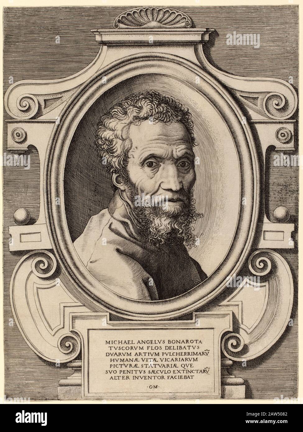 1564 Ca, ITALIEN: Der italienische Maler der Renaissance und Schulpteur MICHELANGELO BONARROTI (* 1475 in Rom; † 1564 in Italien). Porträtgravur von Giorgio Ghisi ( alias Gio Stockfoto