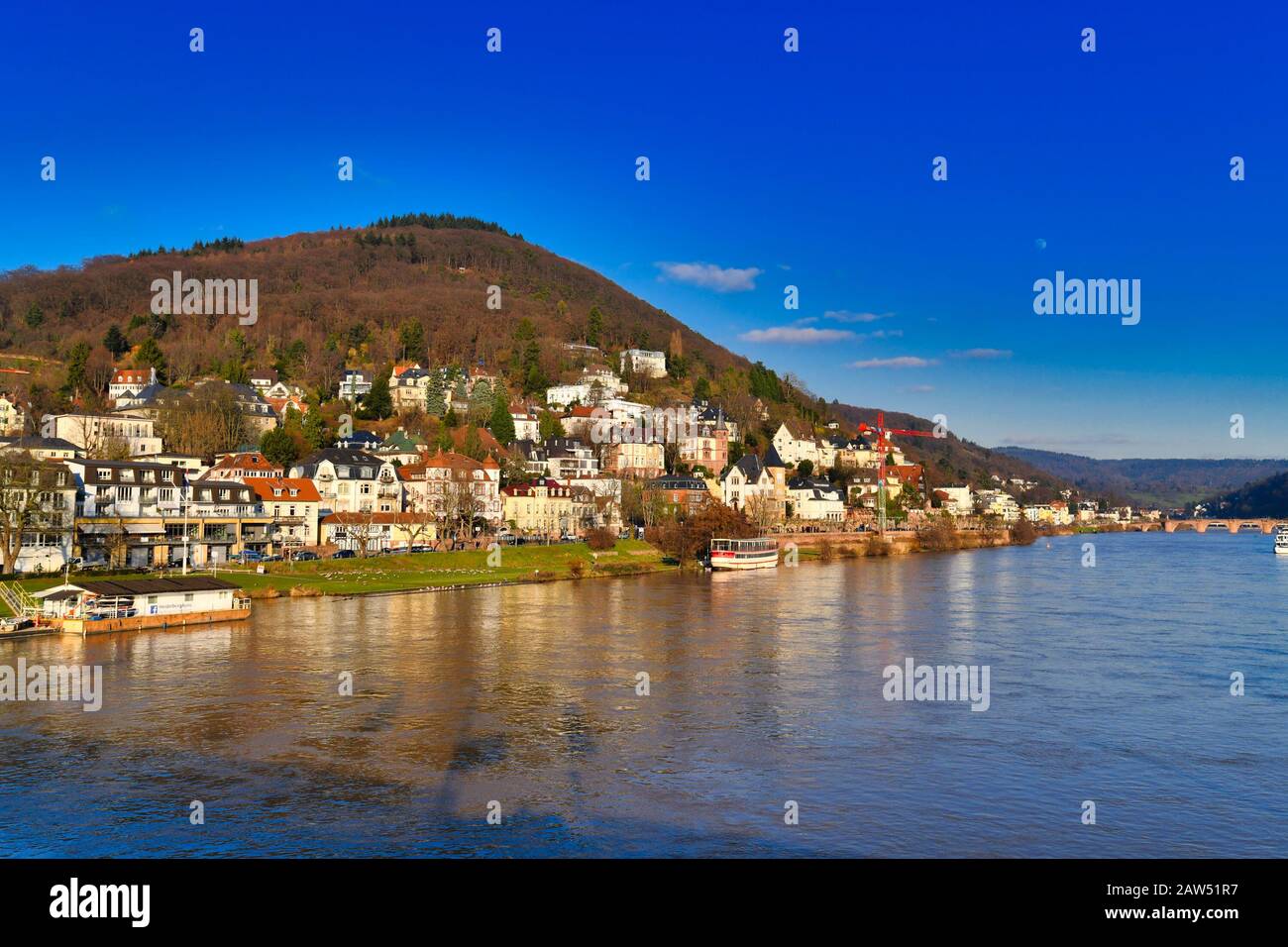Blick auf den "Heiligenberg" genannten Waldwald mit historischen Herrenhäusern und neckarfluss in der Stadt Heidelberg in Deutschland, Blick von der Theodor-Heuss-Brücke Stockfoto