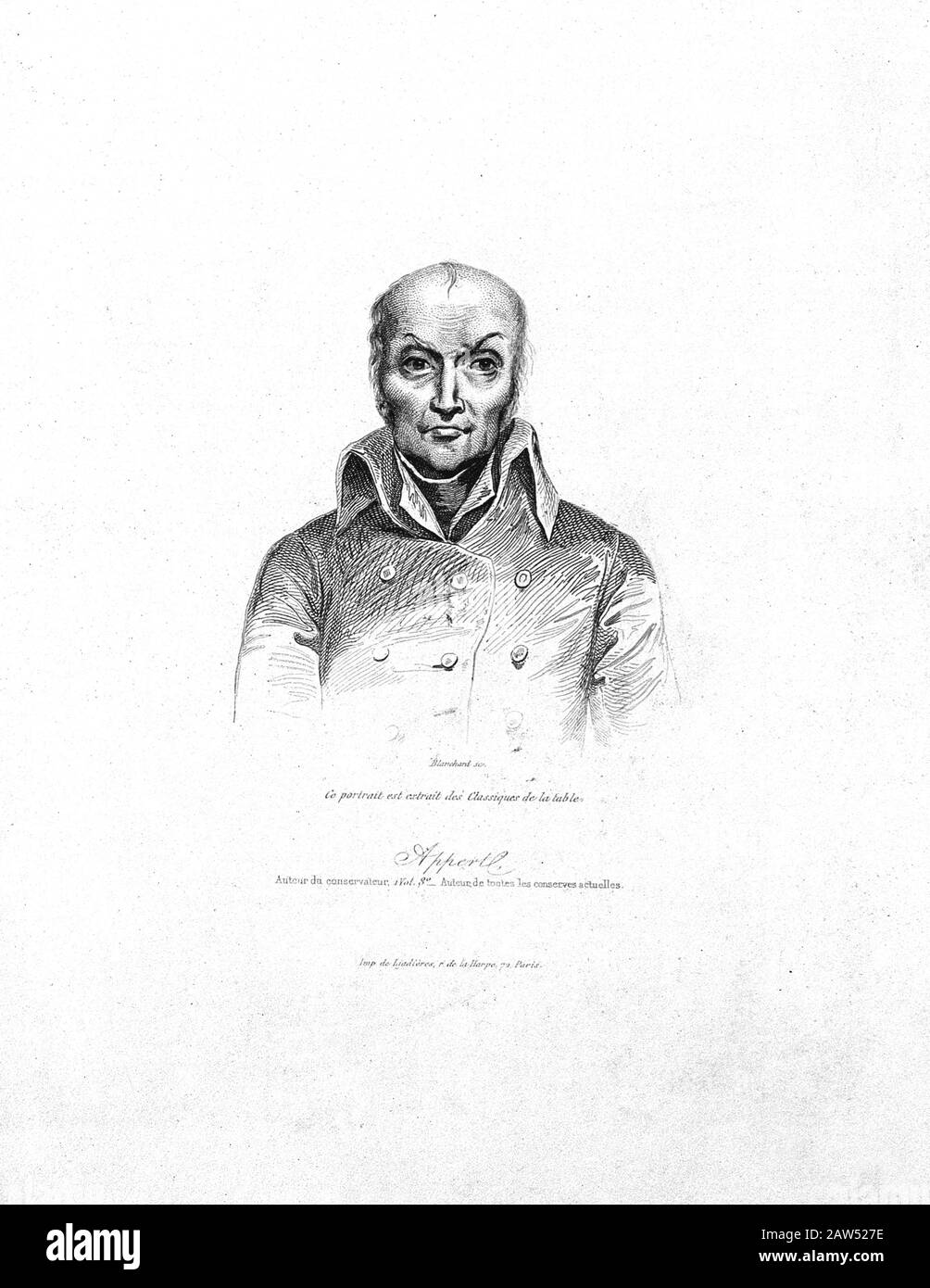 François, FRANKREICH, Der französische Erfinder NICOLAS Charles APPERT (* 1749 in Paris; † um die Stadt). Graviertes Porträt von Blanchard Pubblishe im Jahr 1843. Erfinder Stockfoto