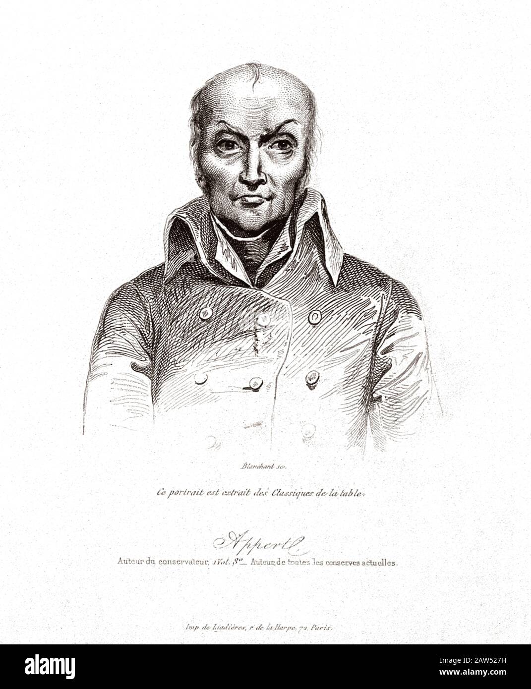 François, FRANKREICH, Der französische Erfinder NICOLAS Charles APPERT (* 1749 in Paris; † um die Stadt). Graviertes Porträt von Blanchard Pubblishe im Jahr 1843. Erfinder Stockfoto
