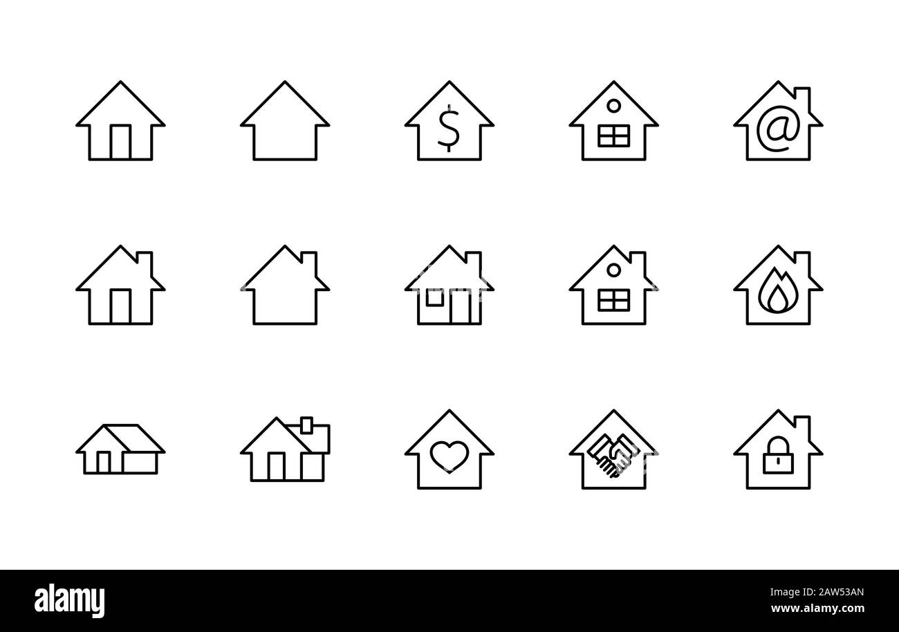 Set of House Vector Home Line Icons. Enthält Symbole für Vertragsabschluss, Herz, Wassertropfen, Feuer, Geld und mehr. Bearbeitbarer Strich. 32 x 32 Stock Vektor
