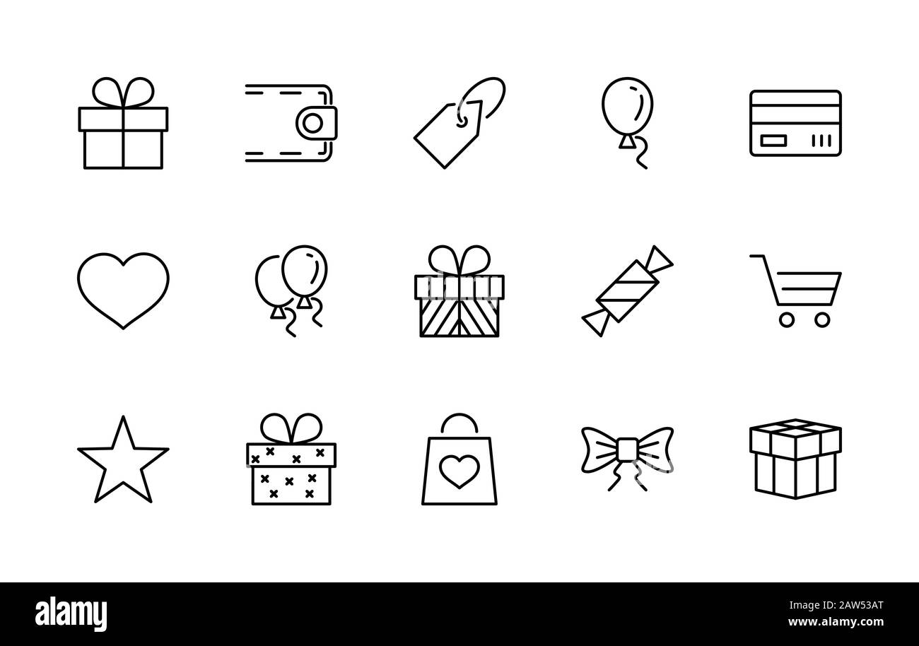 Satz der Symbole für die Vektorlinie für Geschenke. Enthält Symbole Geschenkkarten, Bänder und mehr. Bearbeitbarer Strich. 32 x 32 Pixel Stock Vektor