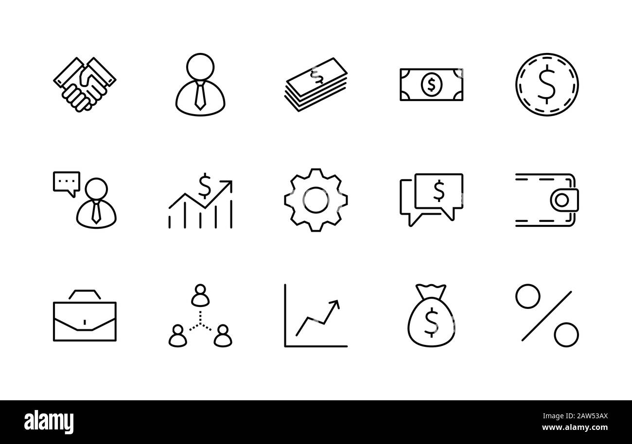 Satz von Symbolen für Business Vector-Linien. Es enthält Symbole für einen Handschlag, einen Benutzer, Dollar-Piktogramme, Zahnräder, einen Aktenkoffer, eine Geldtasche, einen Zeitplan und Stock Vektor