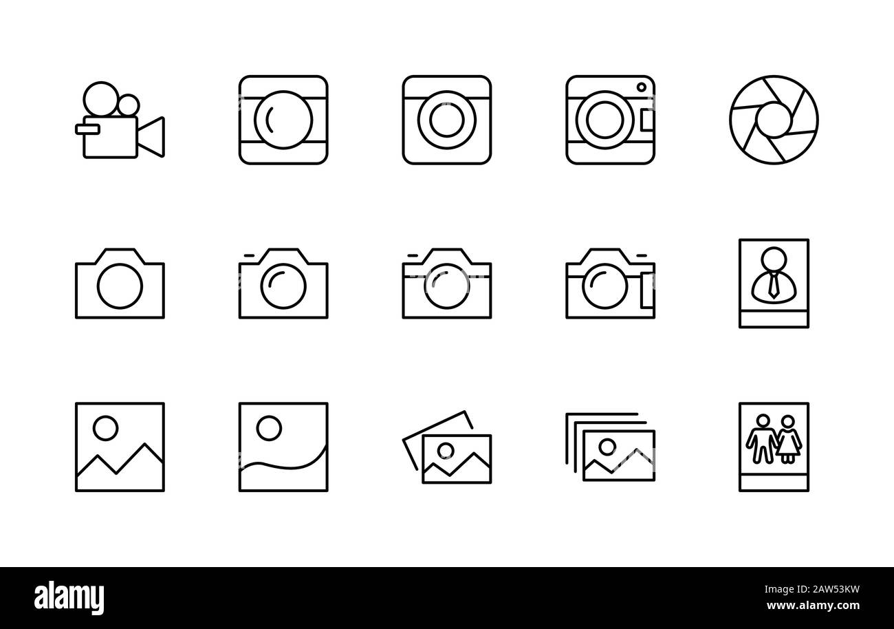 Satz von Kameras und Foto- und Vektorliniensymbolen. Enthält Symbole für Porträts und Familienfotos und vieles mehr. Bearbeitbarer Strich. 32 x 32 Pixel Stock Vektor