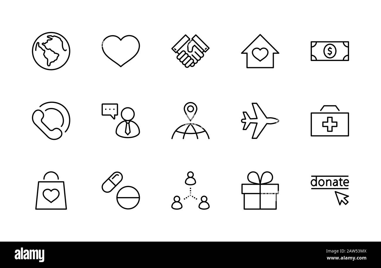 Internationaler Tag für die Symbole Der Schlechten Vektorlinie. Enthält Symbole wie Herz, Planet Erde, Handshake, Geld, Spenden, Medikamente, Flugzeug und mehr Stock Vektor
